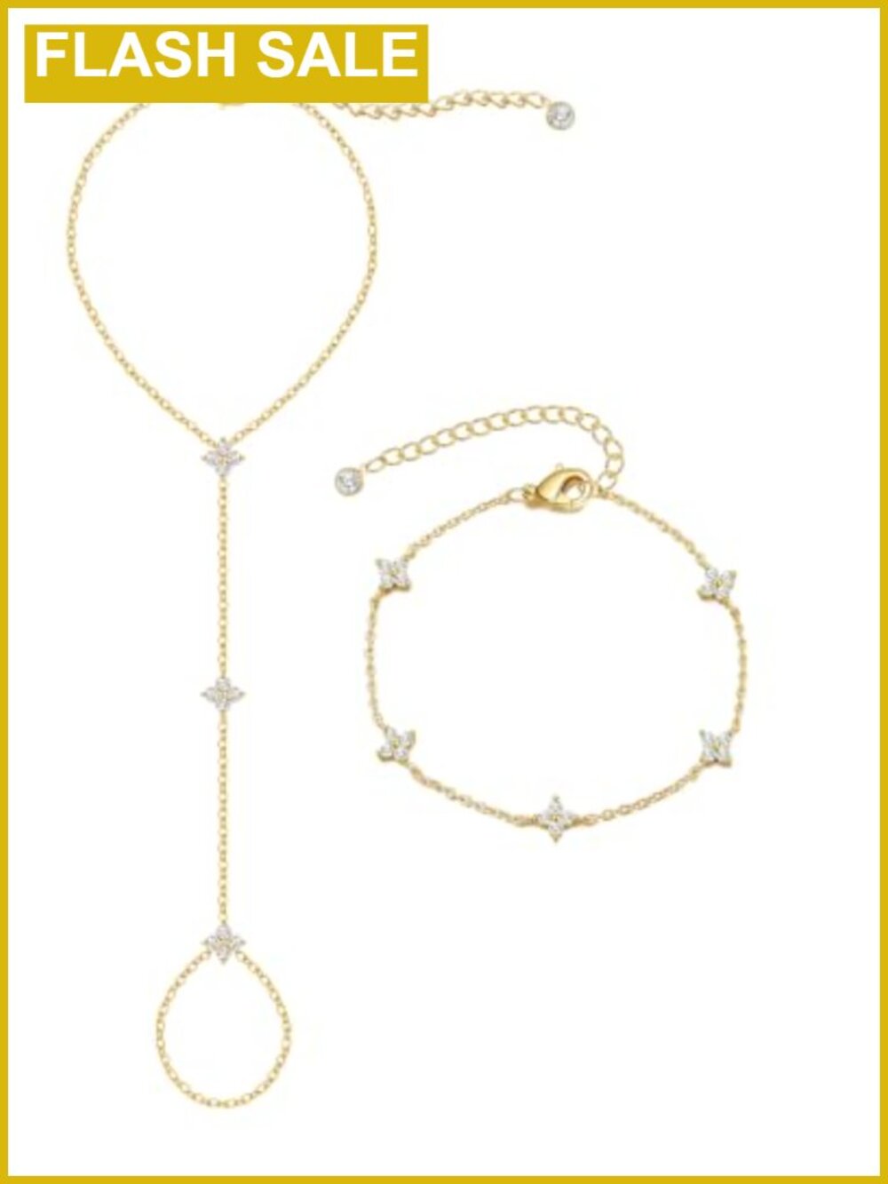 14K Gold-Plated Hand Chain Bracelet Set Adjustable Stackable Ring Bracelet